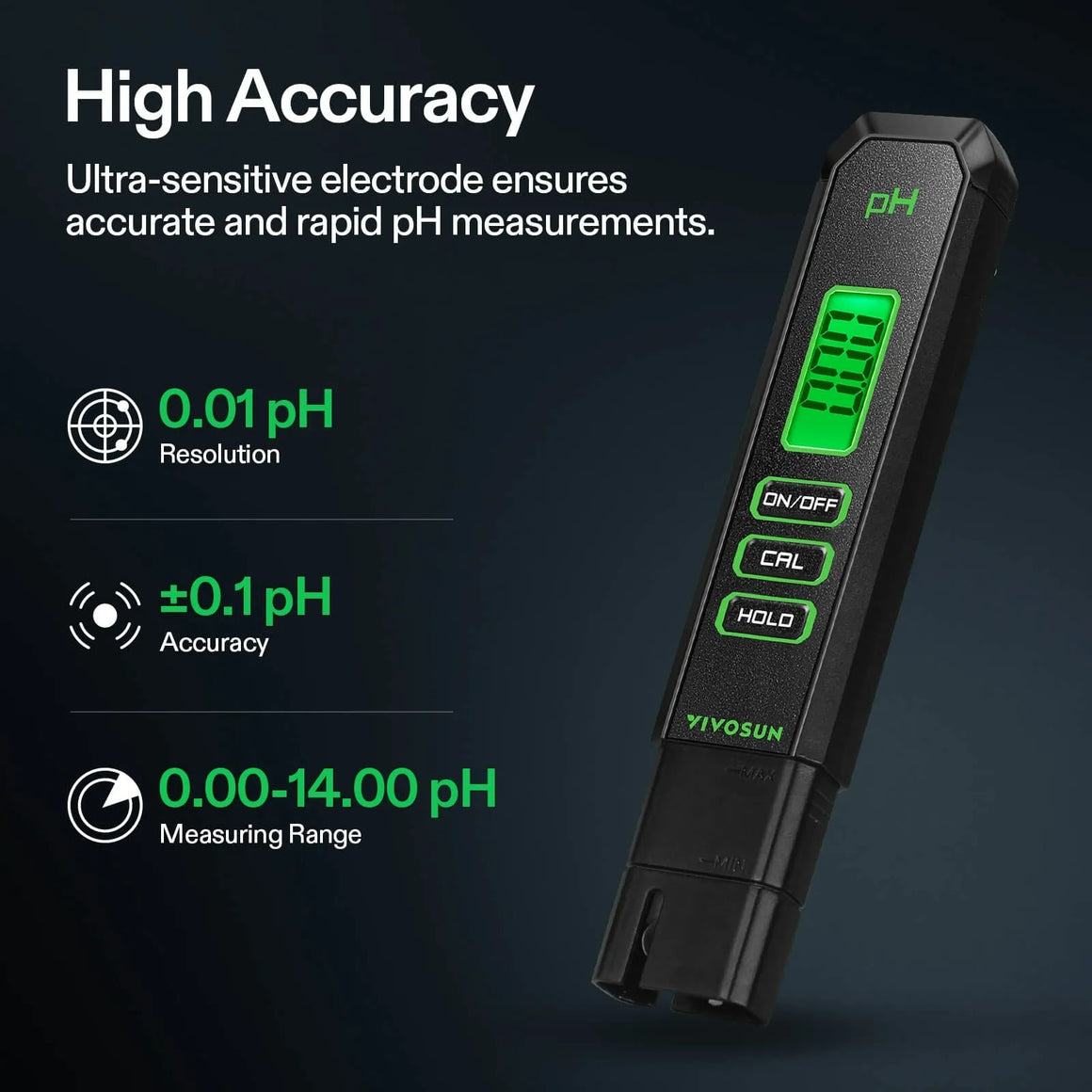 VIVOSUN pH meter with digital display and buttons, showing high accuracy features.