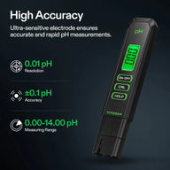 VIVOSUN pH meter with digital display and buttons, showing high accuracy features.