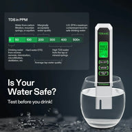 VIVOSUN TDS & EC meter in a glass of water, showing 56 ppm. Water quality chart above.