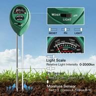 Green Vivosun soil meter with three probes testing moisture, pH, and light in soil.