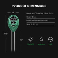 Green VIVOSUN 3-in-1 soil tester measures sunlight, moisture, and pH with a dual-probe design.