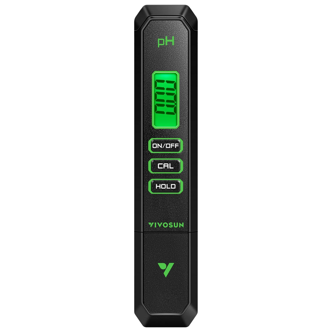 Black VIVOSUN pH meter with a green LCD screen displaying "0.00" and three buttons: ON/OFF, CAL, and HOLD.