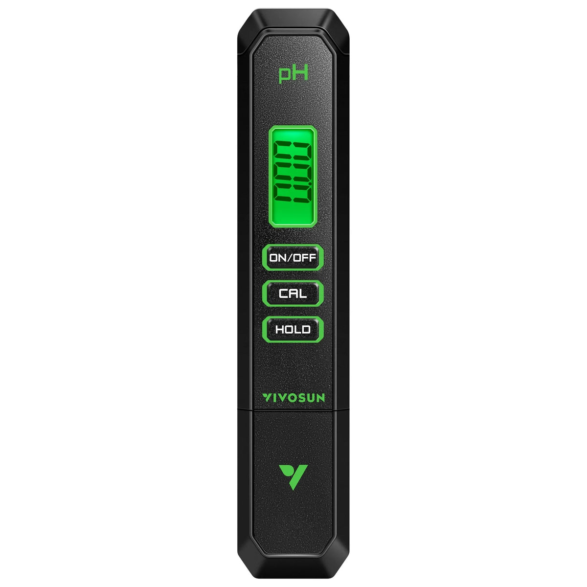 Black VIVOSUN pH meter with a green LCD screen displaying "0.00" and three buttons: ON/OFF, CAL, and HOLD.