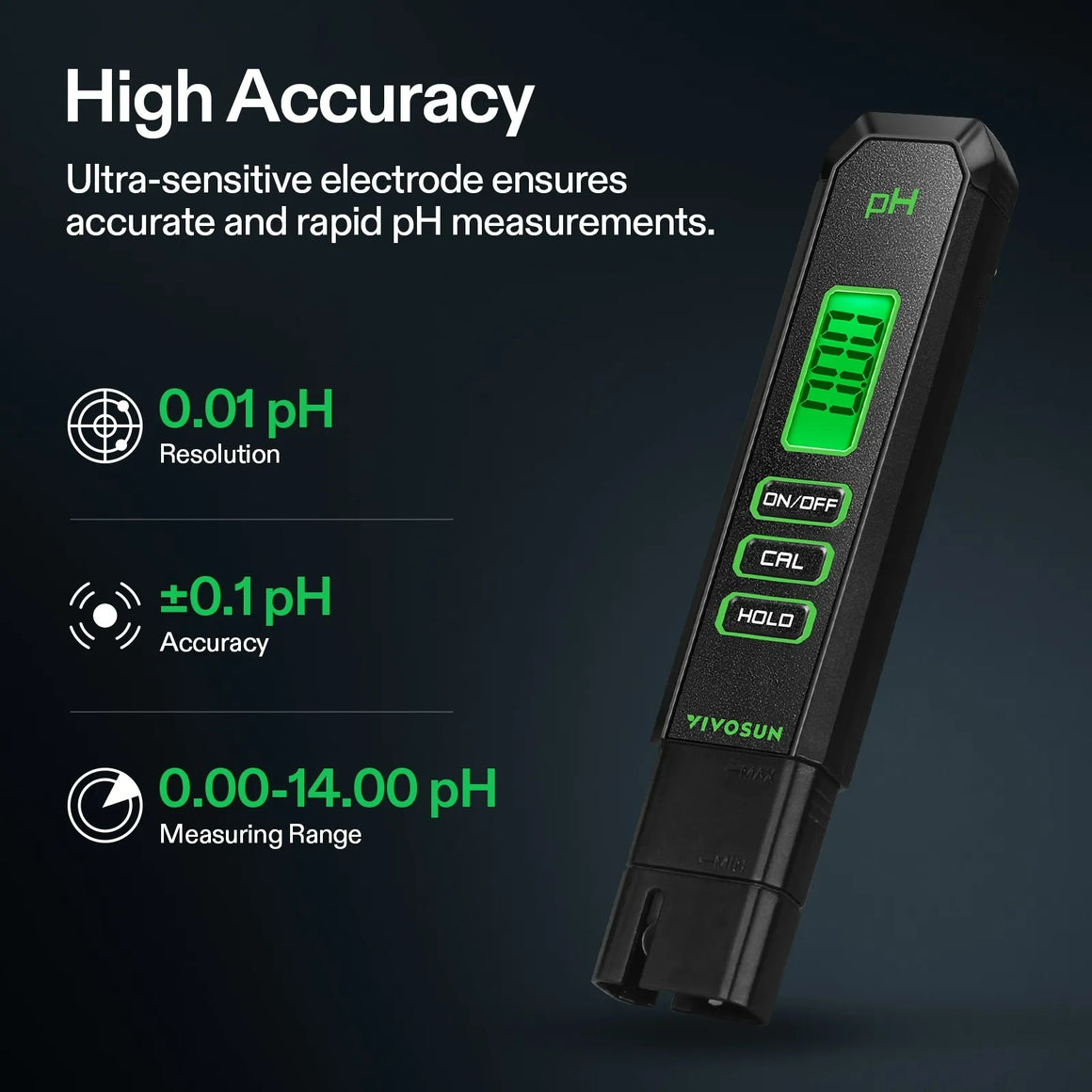 Black Vivosun digital pH meter with green display, showing '0.00' pH. Features 0.01 pH resolution and +/-0.1 pH accuracy.