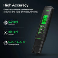 Black Vivosun digital pH meter with green display, showing '0.00' pH. Features 0.01 pH resolution and +/-0.1 pH accuracy.