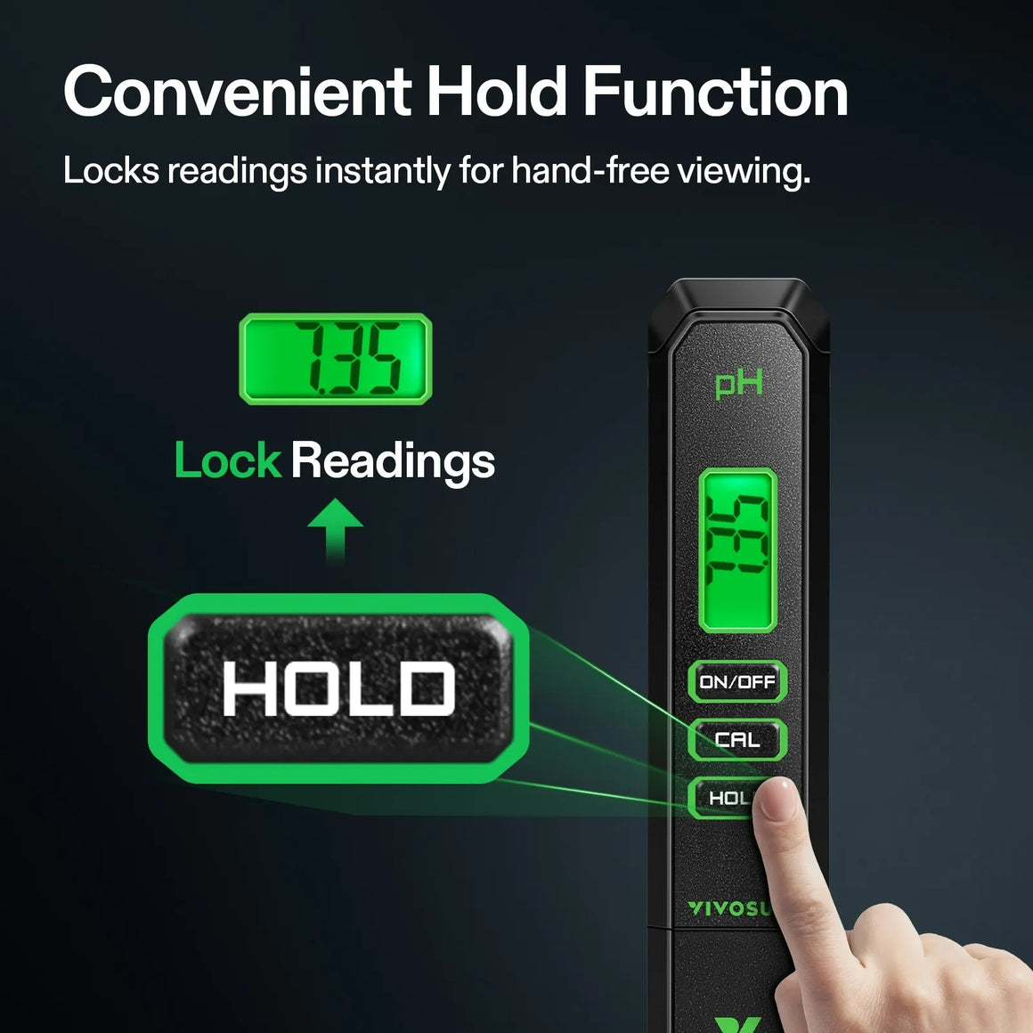 Vivosun pH meter with "HOLD" button displayed, showing a reading of 7.35.