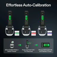 VIVOSUN pH tester in glass of water, showing calibration with buffer powders and digital display.