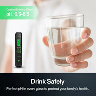 Vivosun pH meter displaying 6.6 next to a glass of water, with text 