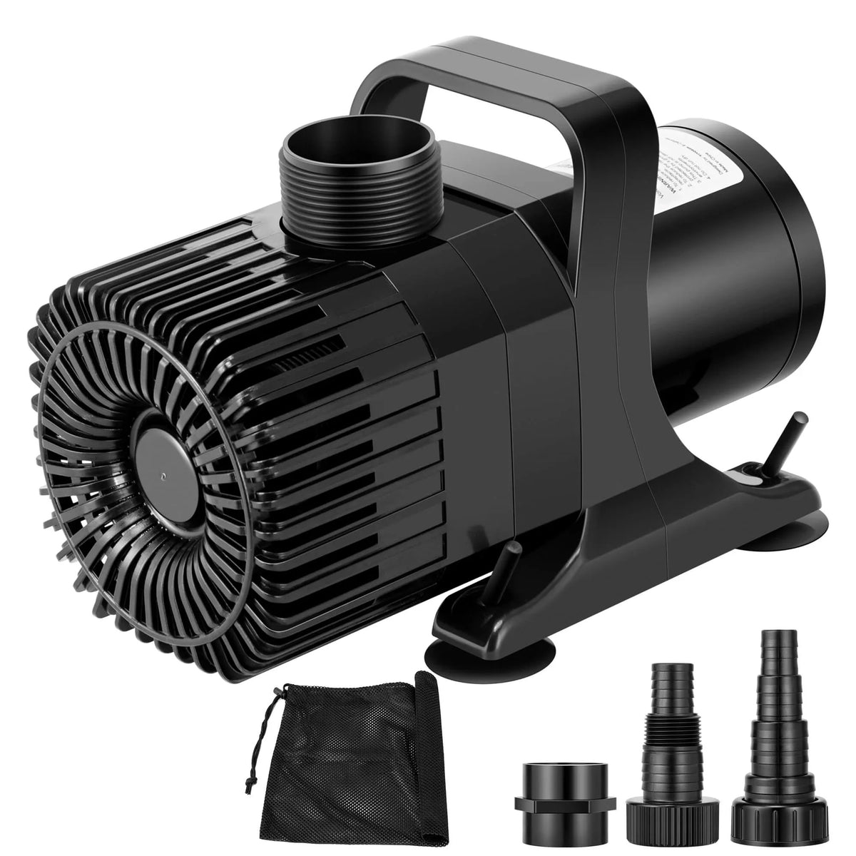 Black submersible pump with handle, intake filter, mesh bag, and hose adapters on white background.