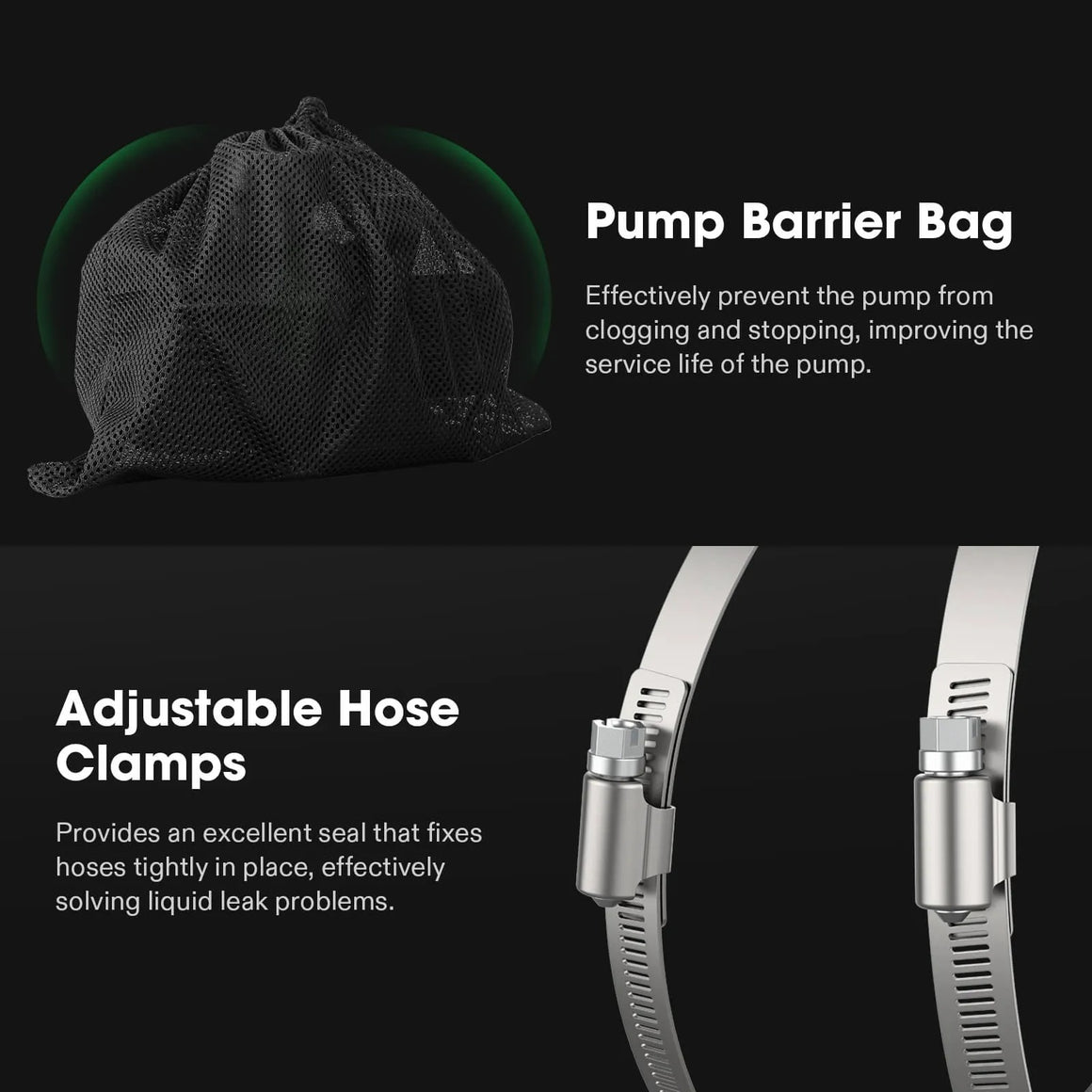 Mesh pump barrier bag and adjustable hose clamps for preventing clogging and leaks.