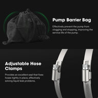 Mesh pump barrier bag and adjustable hose clamps for preventing clogging and leaks.