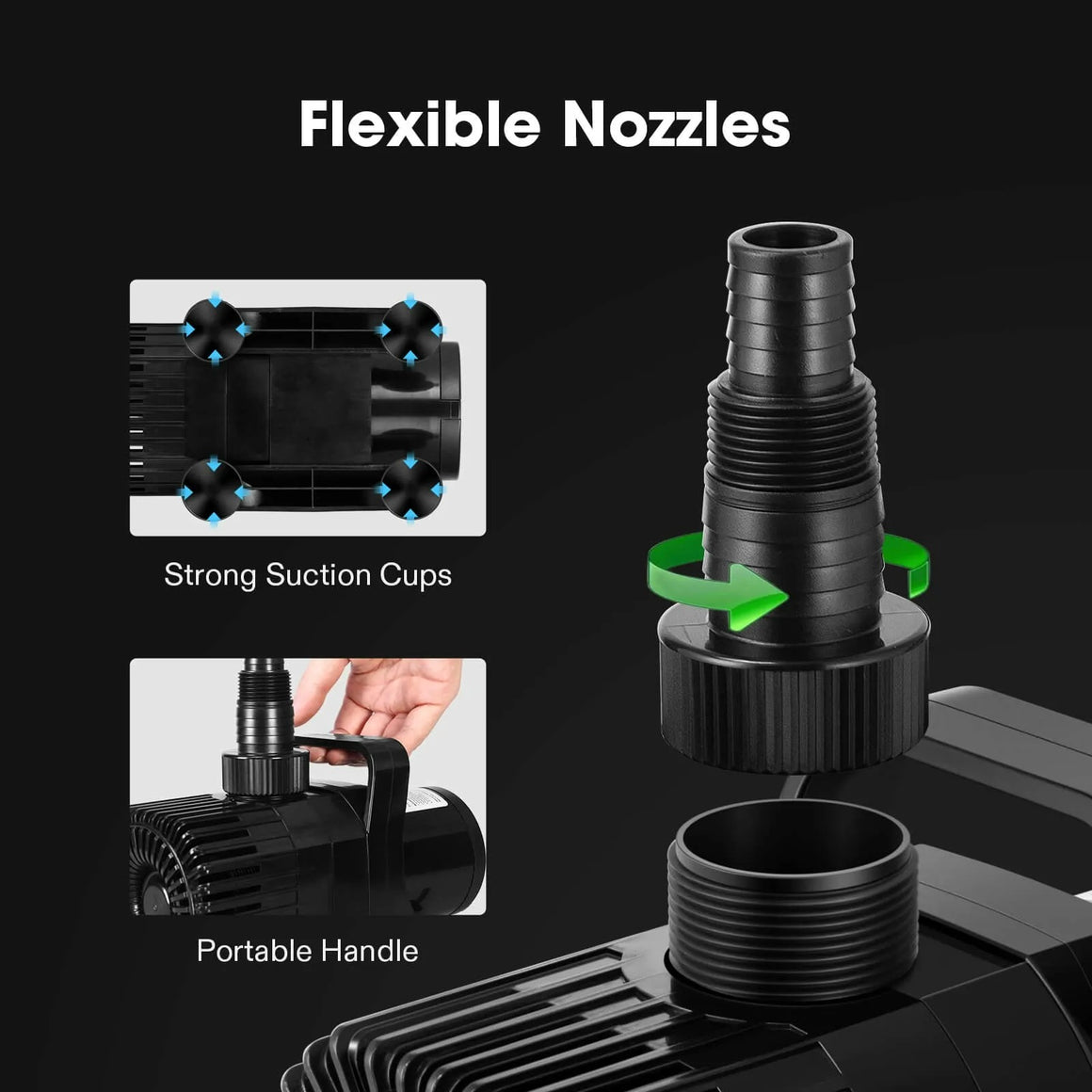 Black water pump with flexible nozzle, strong suction cups, and portable handle.