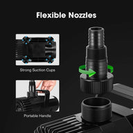 Black submersible pump with strong suction cups, portable handle, and flexible nozzle with green arrow.