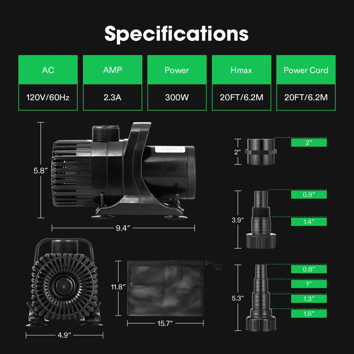 Vivoun 300W submersible pump dimensions: 9.4" L x 5.8" H, with included accessories.