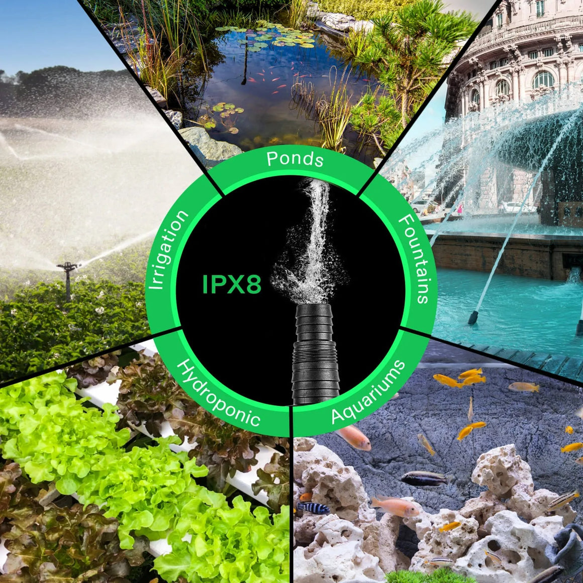 Vivoun 300W submersible pump: ideal for ponds, fountains, hydroponics, aquariums, and irrigation. IPX8 waterproof.