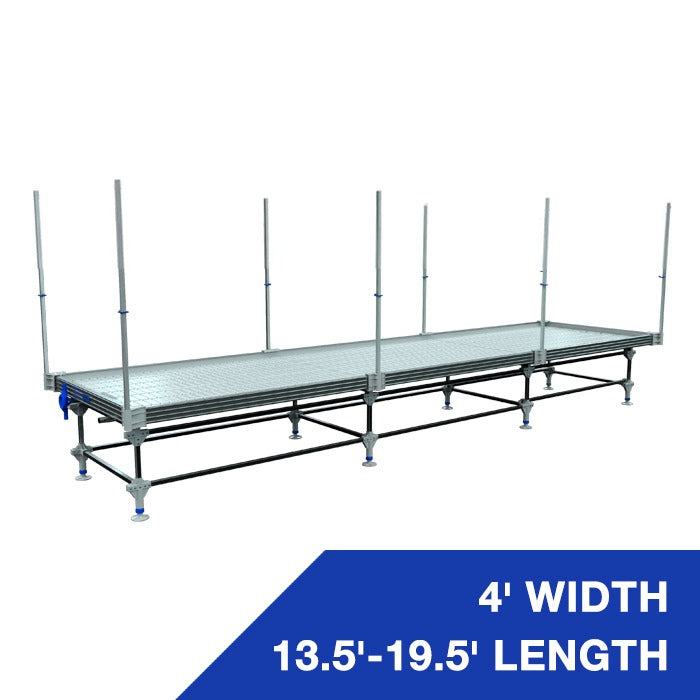 Wachsen rolling bench with vertical trellis, 4' width, 13.5'-19.5' length.