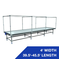 Silver rolling grow bench with trellis setup, 4' width, 39.5'-45.5' length.