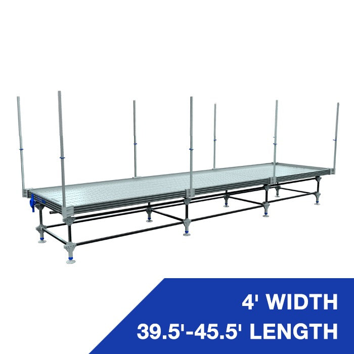 4' wide, 39.5'-45.5' length rolling bench with vertical trellis poles.