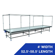 Long rolling plant bench with trellis support, 4' width, 52.5'-58.5' length.