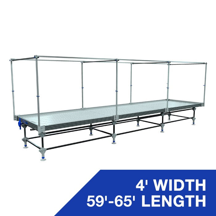 Long rolling bench with trellis support, 4' wide, 59'-65' length.
