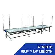 4' wide rolling bench, 65.5'-71.5' length with vertical trellis support.