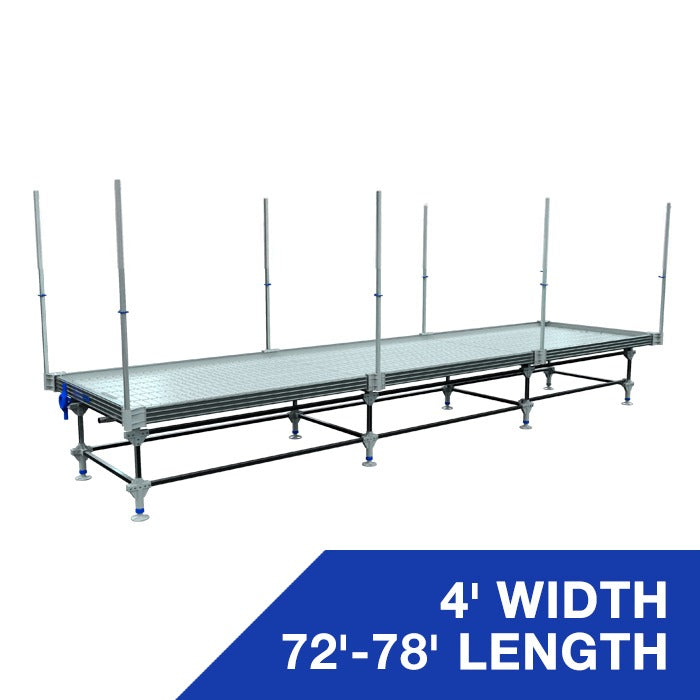 4' wide rolling bench, 72'-78' length, with vertical trellis supports.