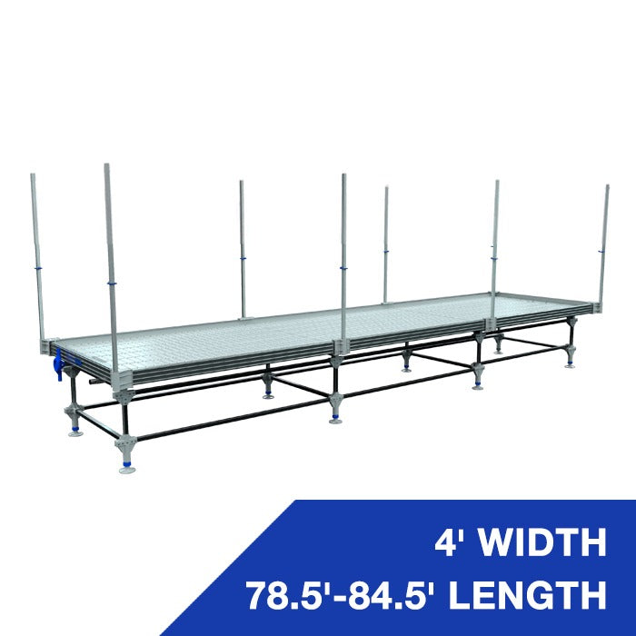 Rolling bench with vertical trellis support. 4' width, 78.5'-84.5' length.