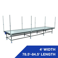 Rolling bench with vertical trellis support. 4' width, 78.5'-84.5' length.
