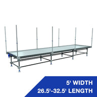 Wachsen 5' wide rolling bench with 26.5'-32.5' length and vertical trellis poles.