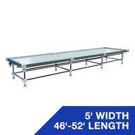 Silver rolling bench with blue accents, 5' width, 46'-52' length, for hydroponics.