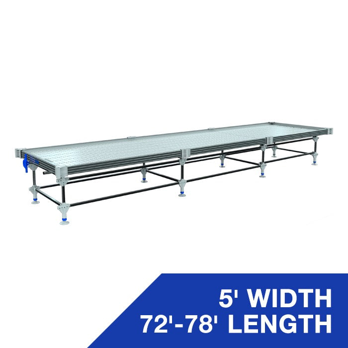 5' wide by 72'-78' long rolling bench for growing, with silver perforated top and black legs.