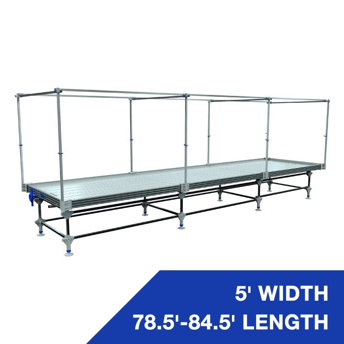 Silver rolling bench with trellis support, 5' width, 78.5'-84.5' length.