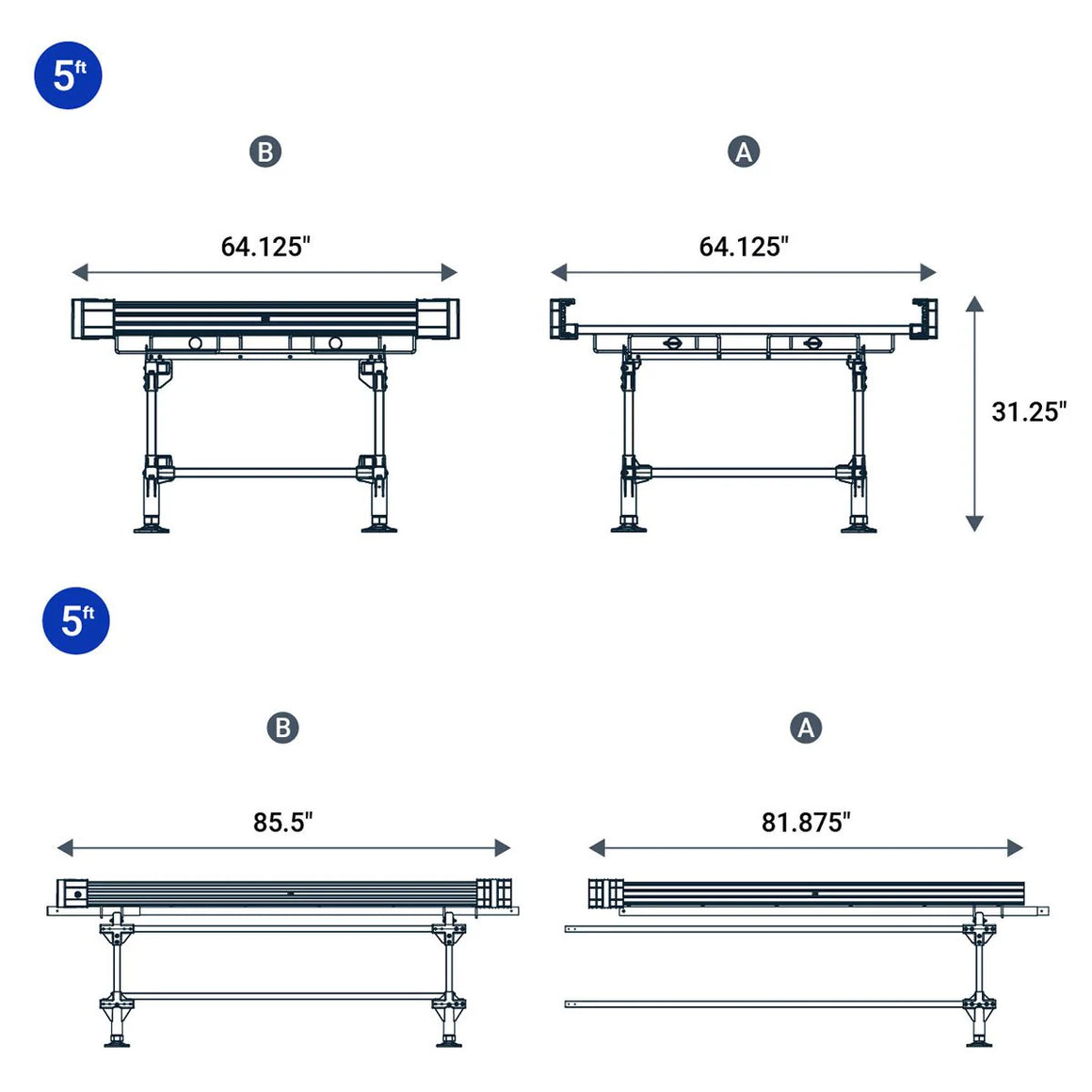 Diagrams show two different workbench sizes, A and B, with dimensions for length and height.