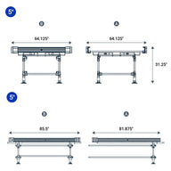 Diagrams show two different workbench sizes, A and B, with dimensions for length and height.