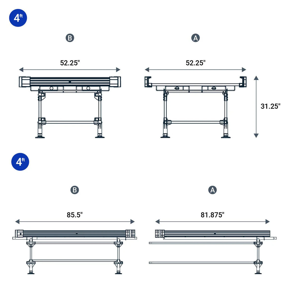 Blueprint diagrams showing two scaffold sizes (A & B), with height & width measurements.