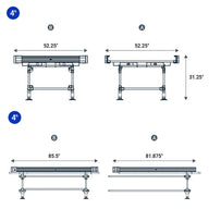 Blueprint diagrams showing two scaffold sizes (A & B), with height & width measurements.