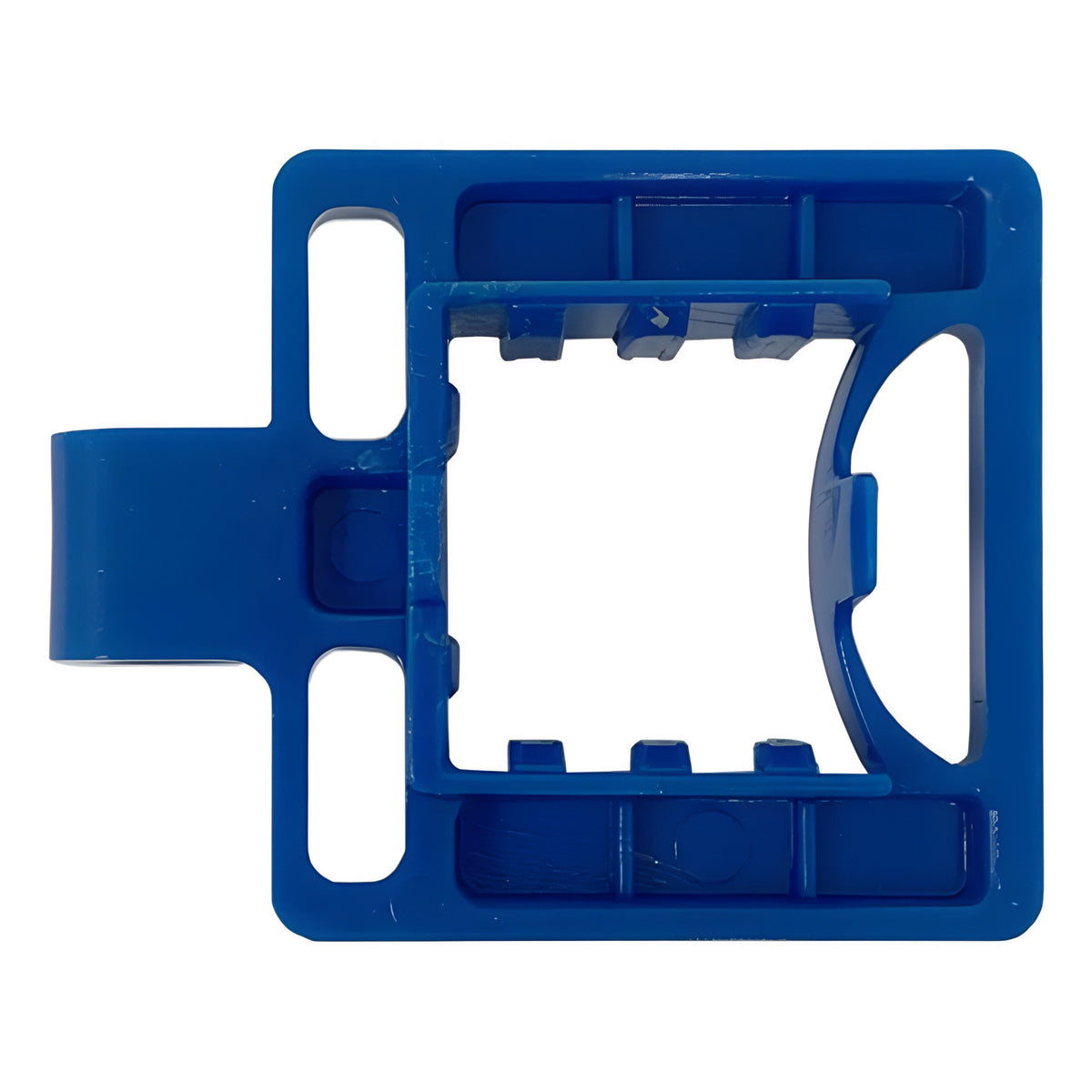 Blue plastic trellis clip with a rectangular opening and interlocking teeth.