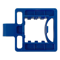 Blue plastic trellis clip with a rectangular opening and interlocking teeth.