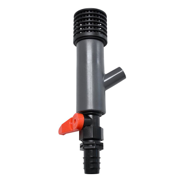 Water valve with red handle and barbed fitting, black grate top.