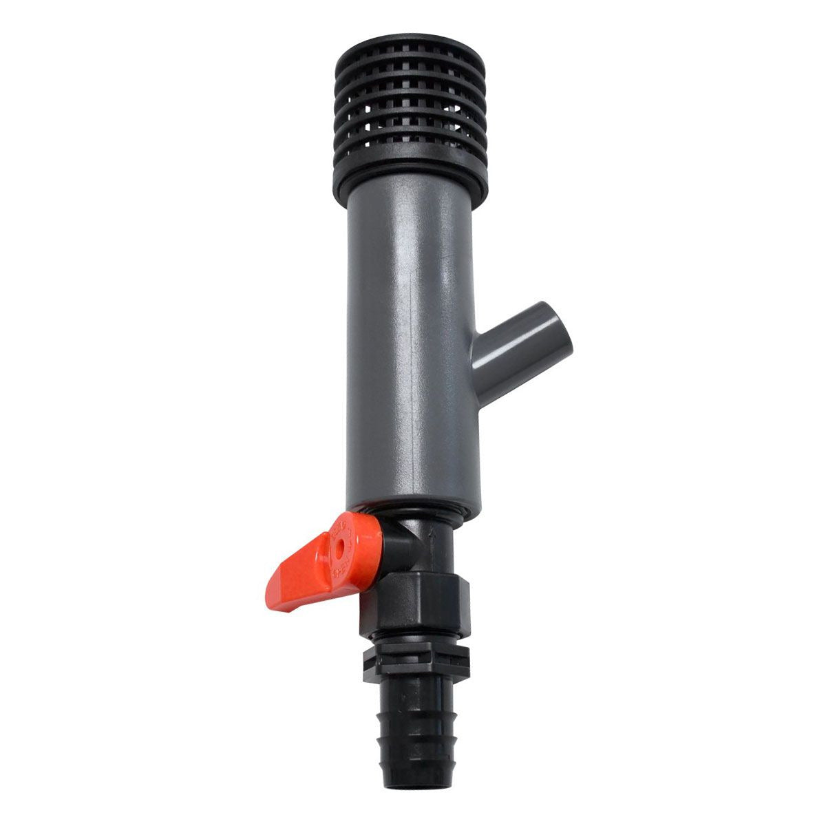Water valve with red handle and barbed fitting, black grate top.