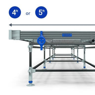 Professional rolling bench with adjustable 4ft or 5ft width options, ideal for greenhouses.