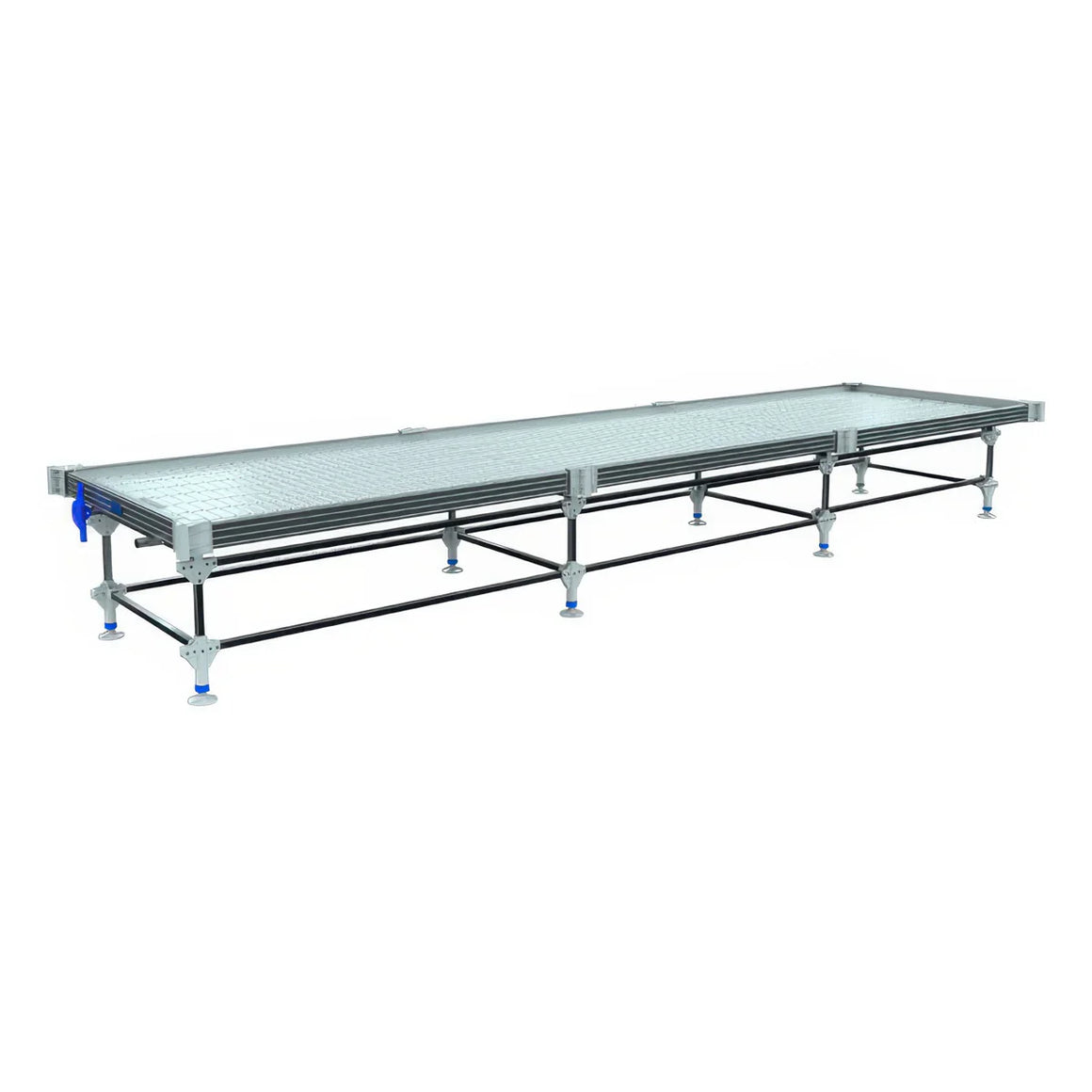 A long, narrow rolling bench with a perforated surface and a metal frame, used for gardening.
