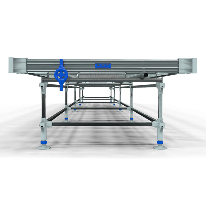 Professional rolling bench with adjustable legs and a blue hand crank on white background.