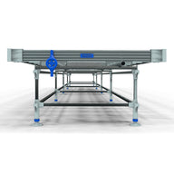 Professional rolling bench with adjustable legs and a blue hand crank on white background.