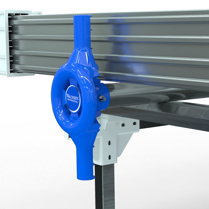 A blue Wachsen Professional bench crank attached to a metal rolling bench.