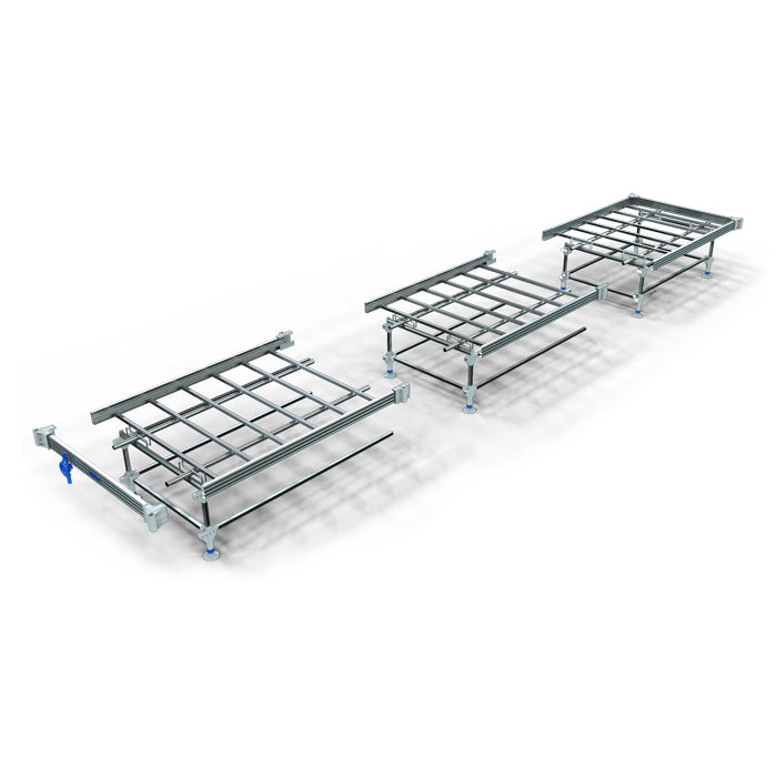 Professional rolling benches, metal frames with grid tops, on white background.