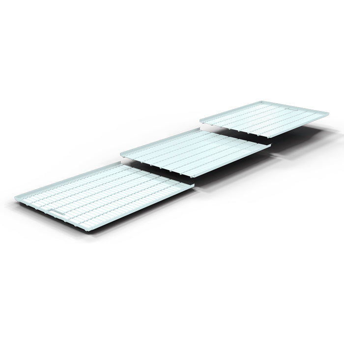 Professional rolling bench with three white, grated trays in ascending stages.