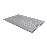 Silver metal rolling bench tray with drainage slots, 4ft x 38in.