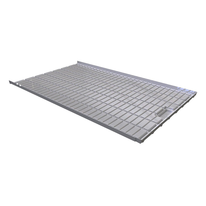 Silver rolling bench tray with diamond pattern for plants, featuring drainage.