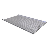 Silver rolling bench tray with diamond pattern for plants, featuring drainage.